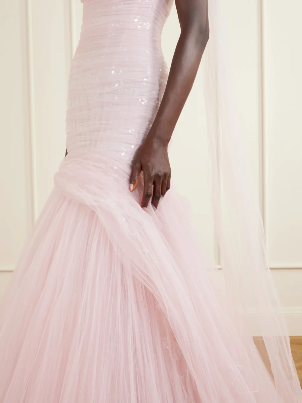 Close-up detail of the Marmar Halim Sequin-embellished Draped Tulle Gown