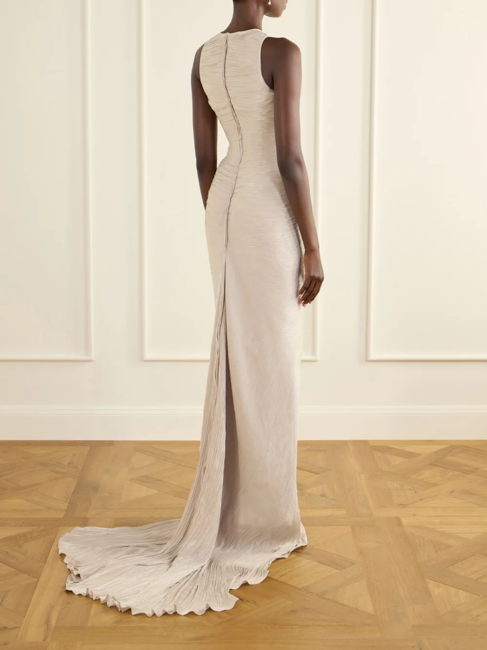 Back view of the Marmar Halim Sleeveless Gathered Pleated Chiffon Gown