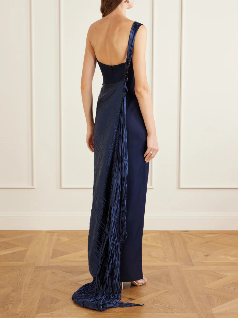 Back view of the Marmar Halim Strapless Pleated Satin-trimmed Crepe Gown