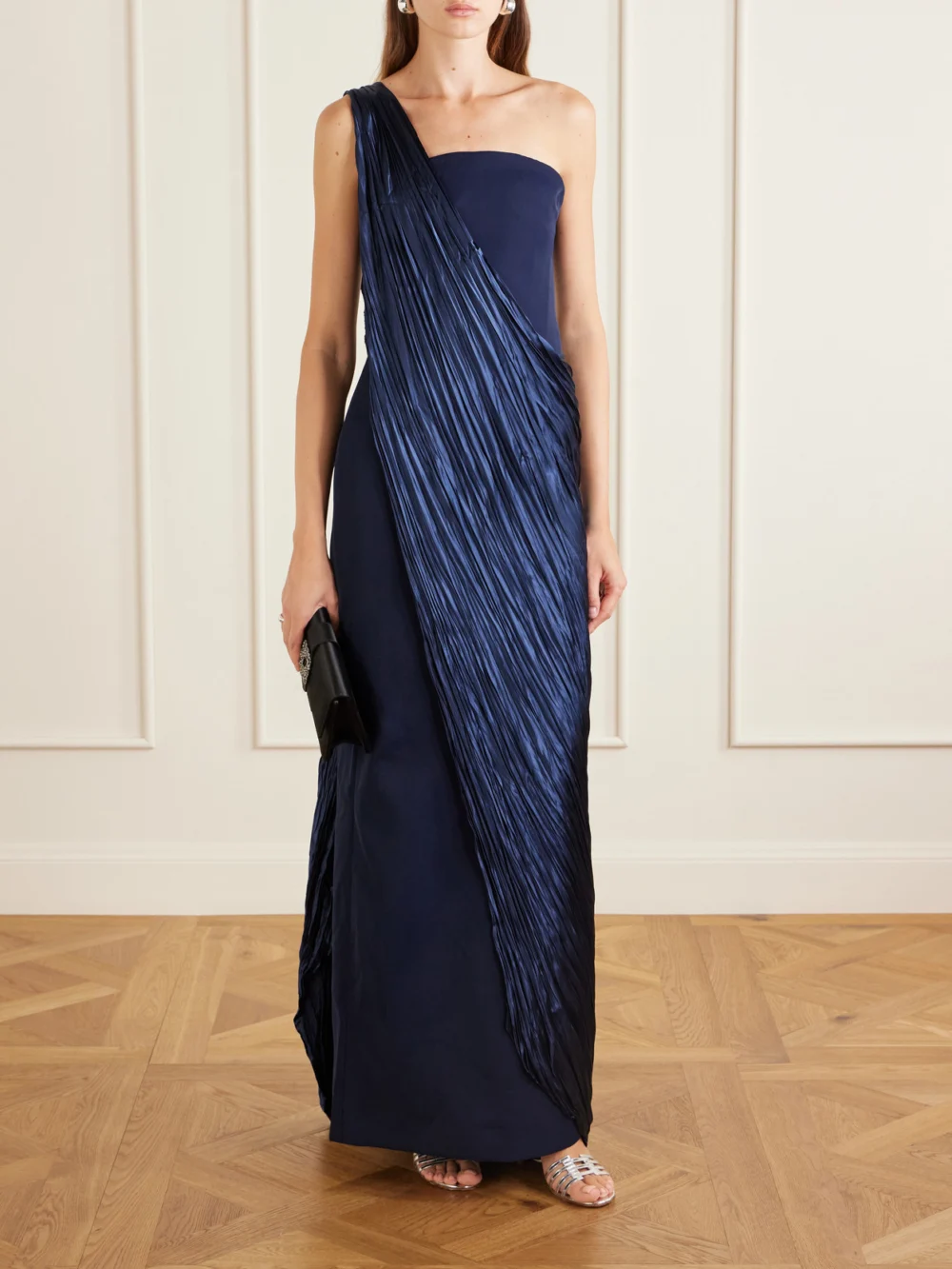 Marmar Halim Strapless Pleated Satin-trimmed Crepe Gown, worn by a model