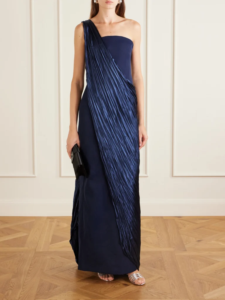Marmar Halim Strapless Pleated Satin-trimmed Crepe Gown