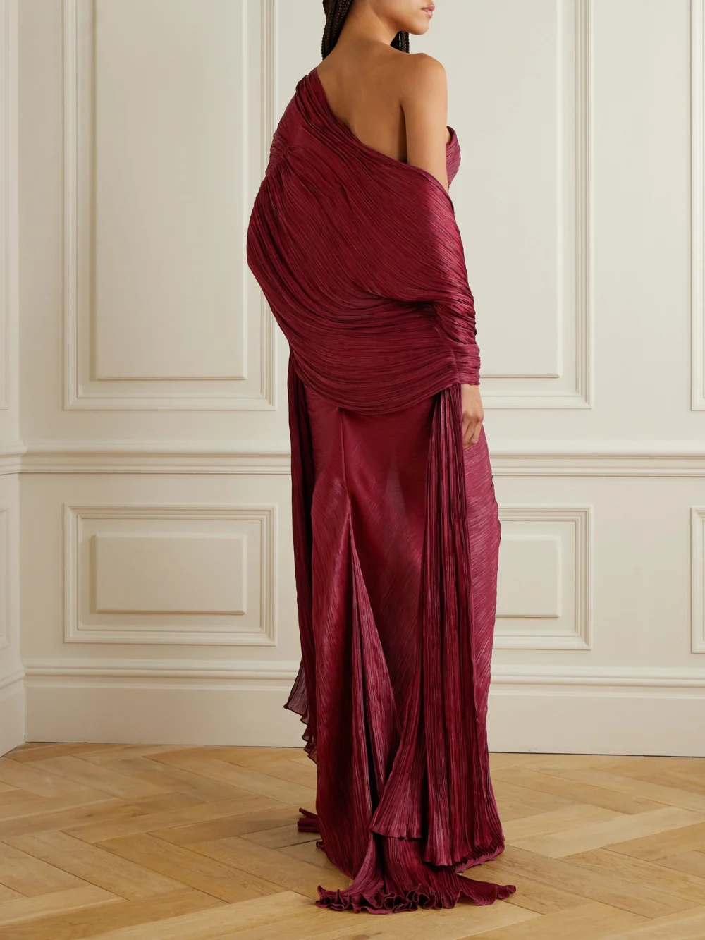 Back view of the Marmar Halim Strapless Plissé Silk-satin Gown and Cape