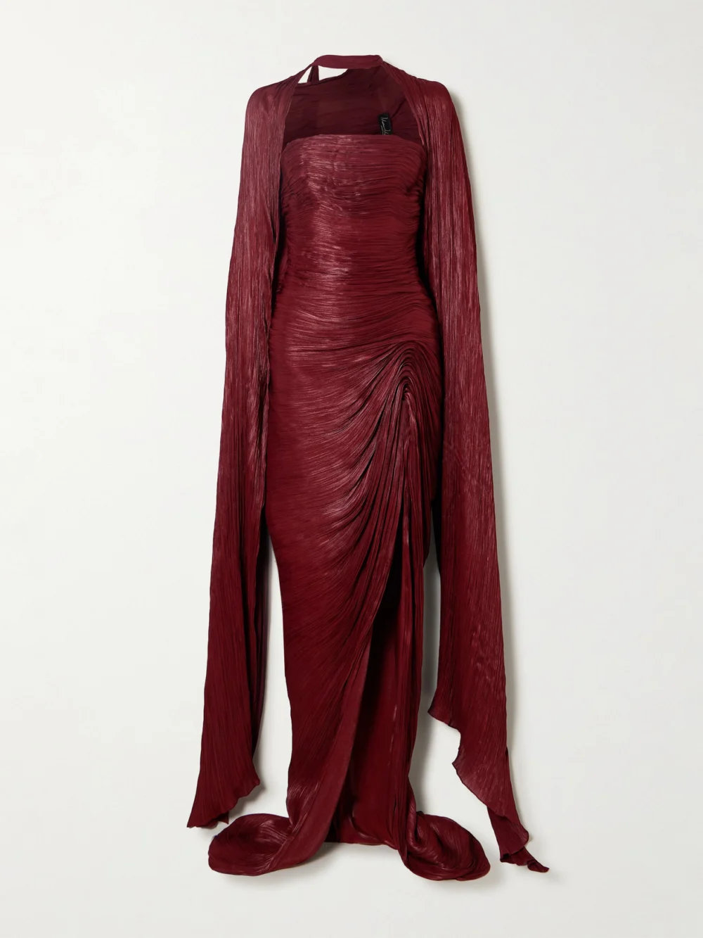 Marmar Halim Strapless Plissé Silk-satin Gown and Cape in burgundy