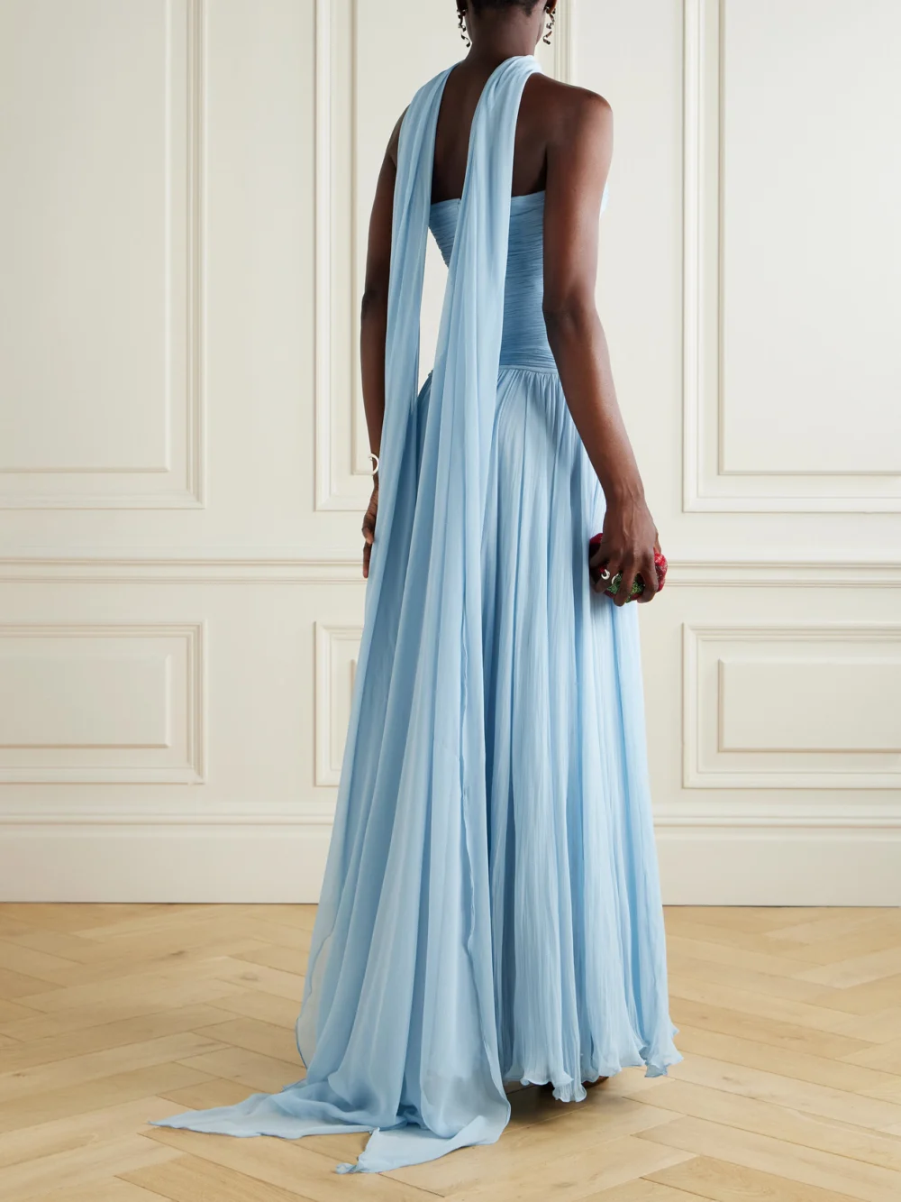 Back view of the Marmar Halim Strapless Scarf-detailed Plissé Silk-georgette Gown