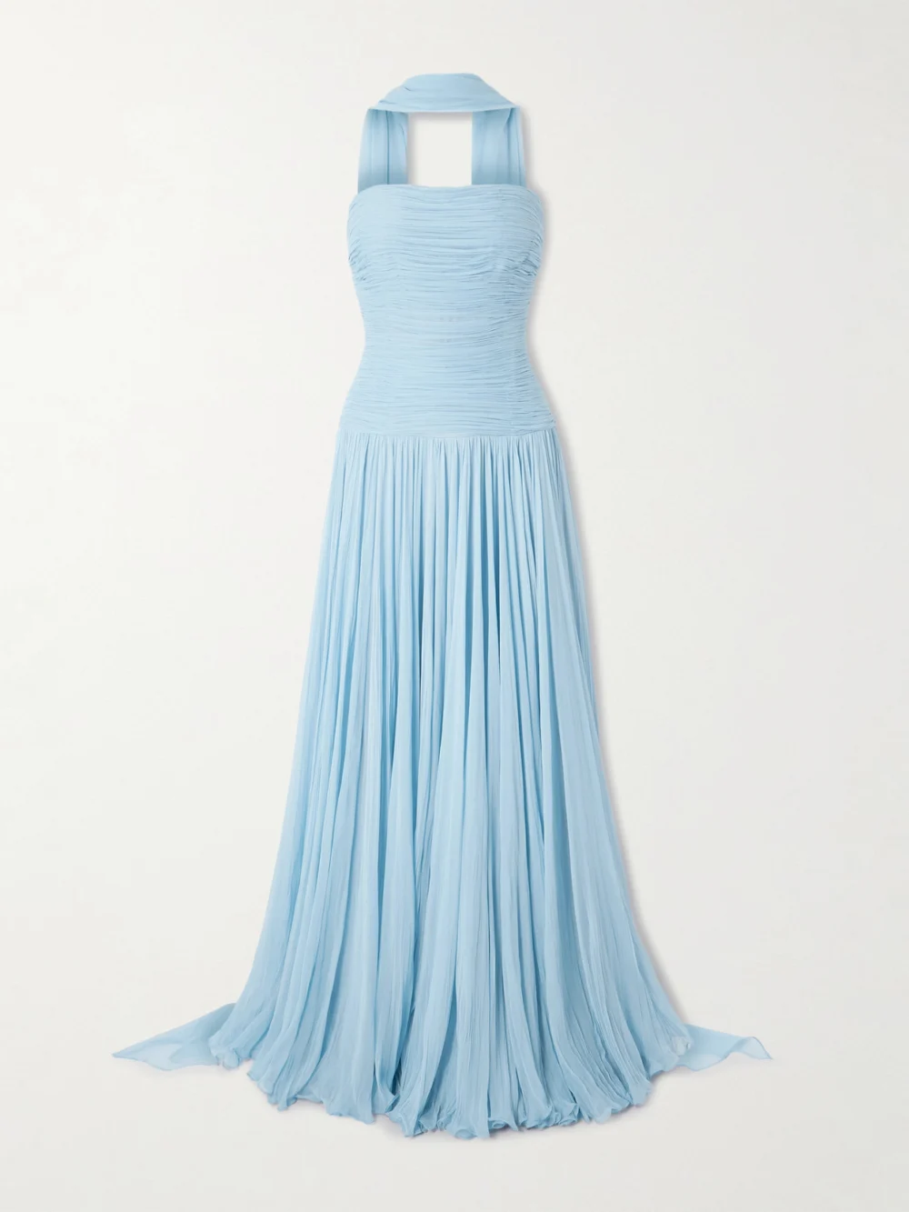 Marmar Halim Strapless Scarf-detailed Plissé Silk-georgette Gown in light blue