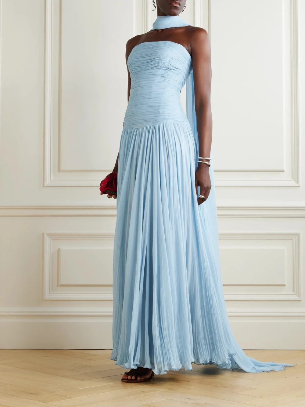 Marmar Halim Strapless Scarf-detailed Plissé Silk-georgette Gown, worn by a model