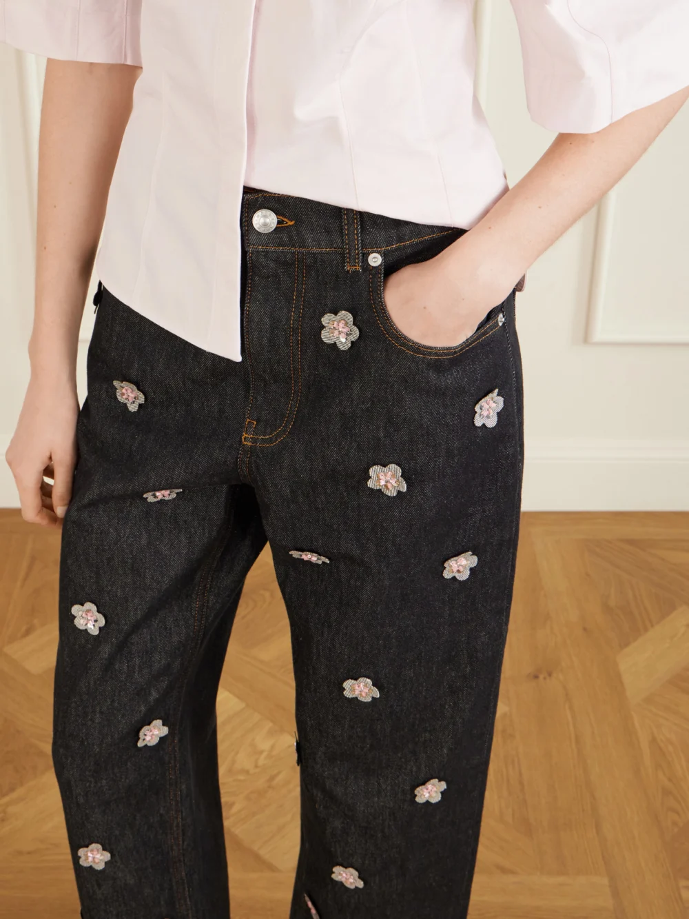 Close-up detail of the Marni Appliquéd Straight-leg Jeans