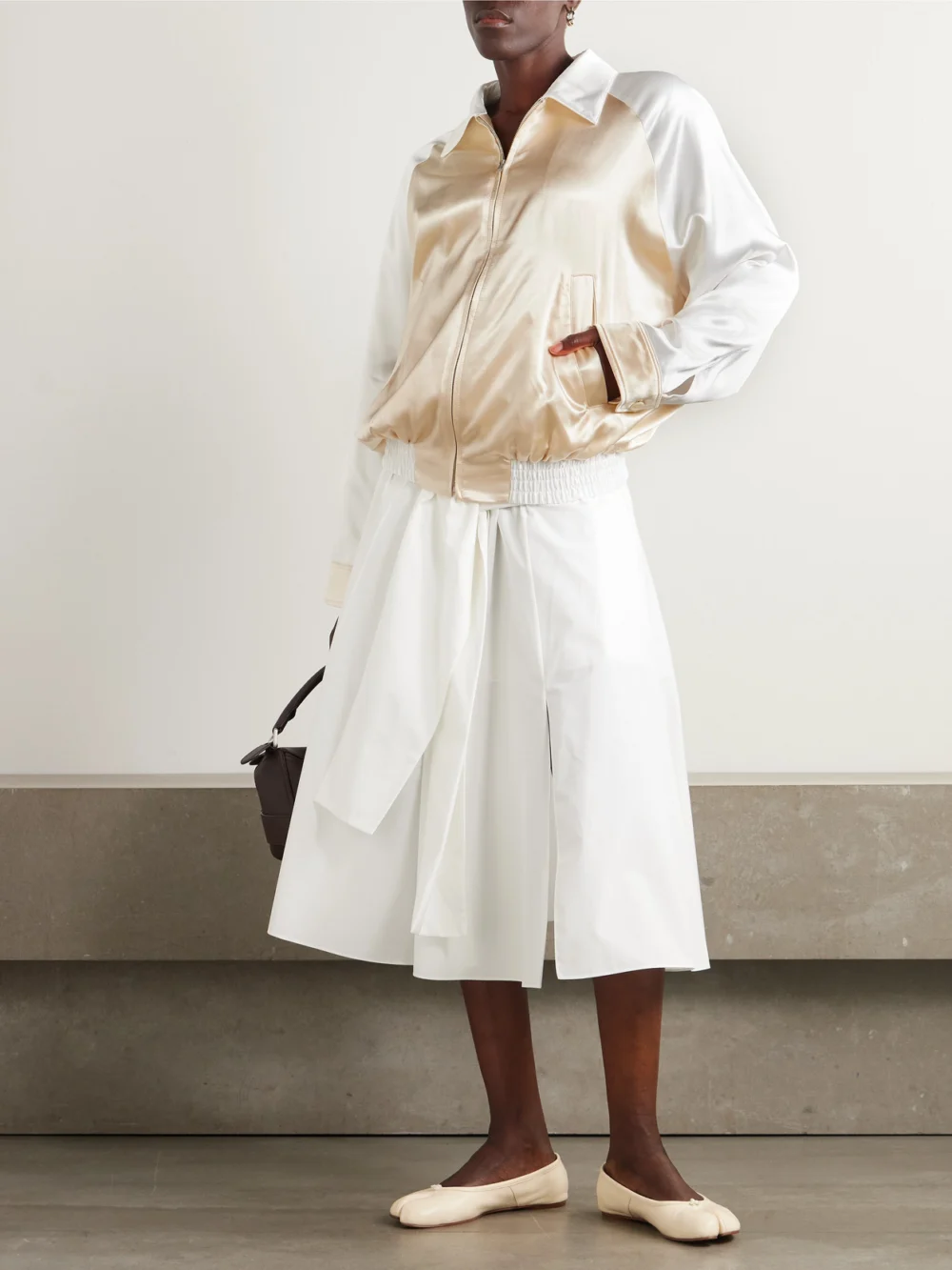 Marni Appliquéd Two-tone Satin Bomber Jacket, worn by a model