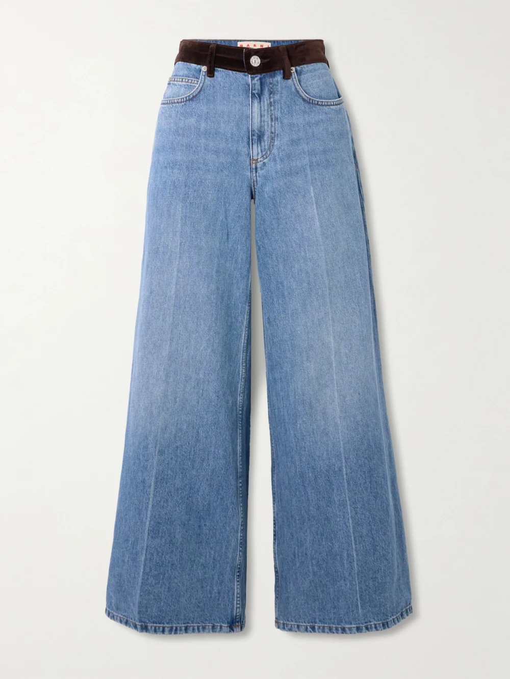 Marni Appliquéd Velvet-trimmed Wide-leg Jeans in mid denim