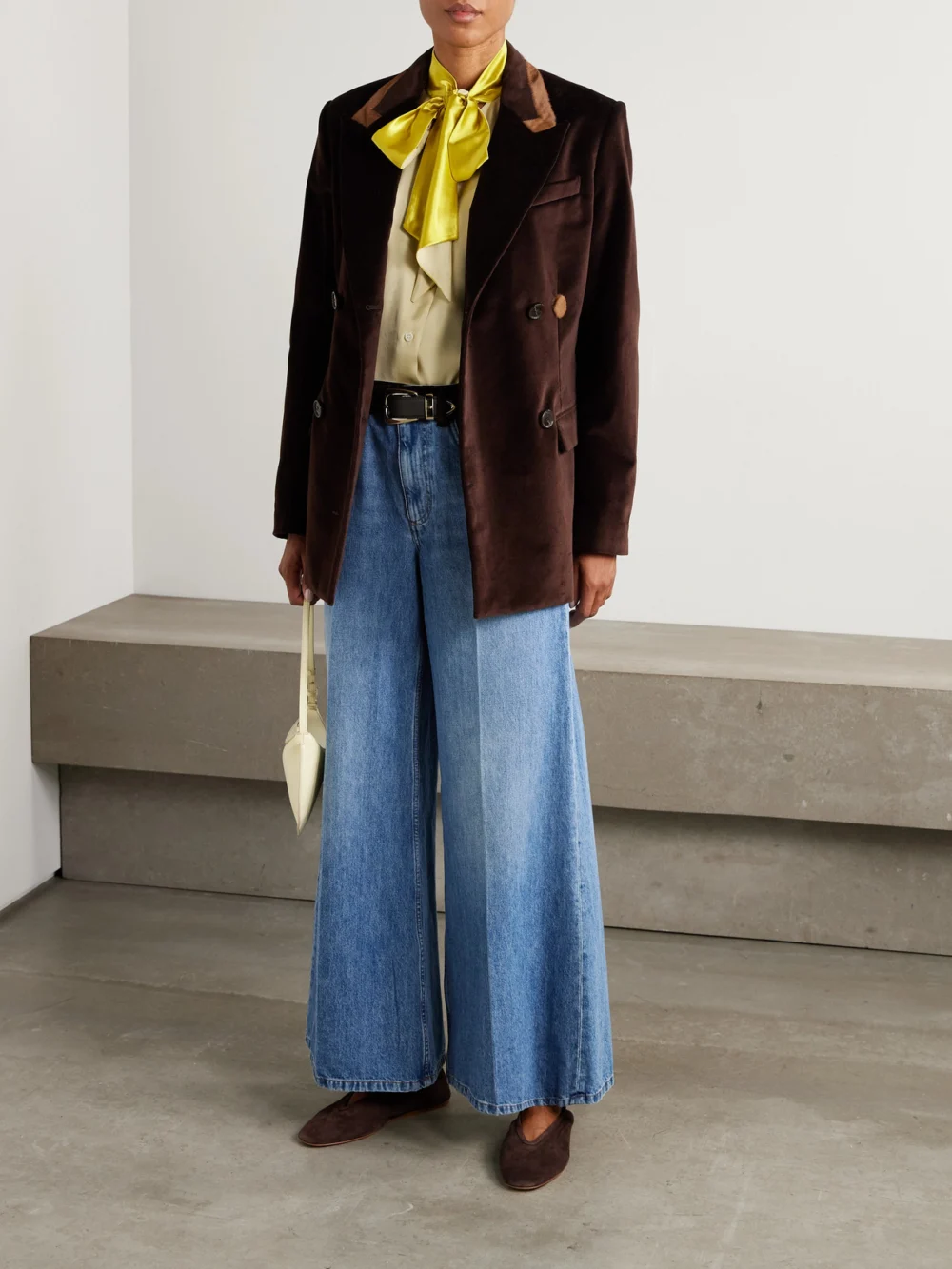 Marni Appliquéd Velvet-trimmed Wide-leg Jeans, worn by a model