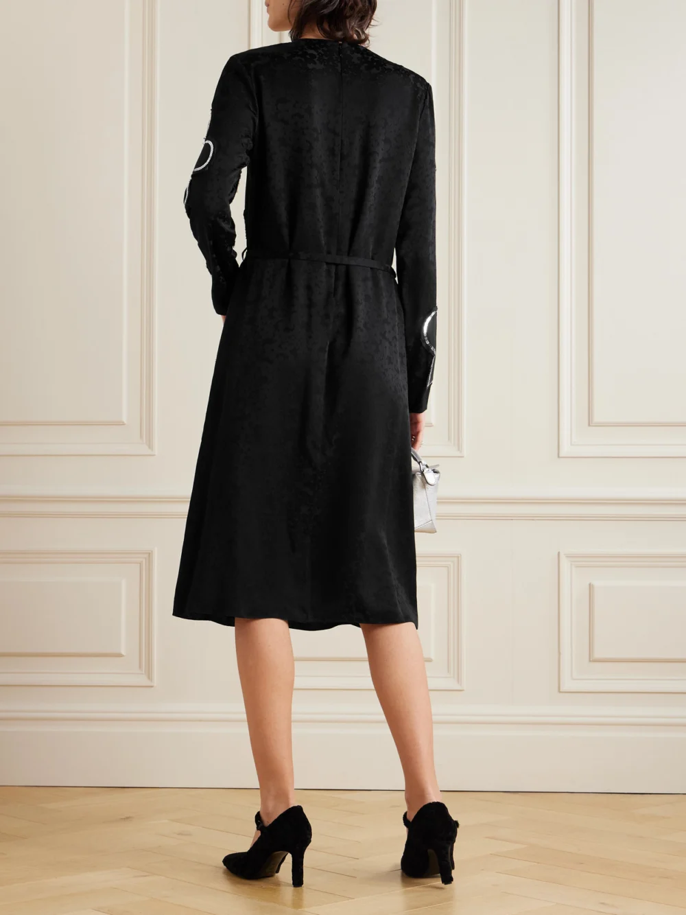 Back view of the Marni Belted Sequin-embellished Floral Satin-jacquard Midi Dress