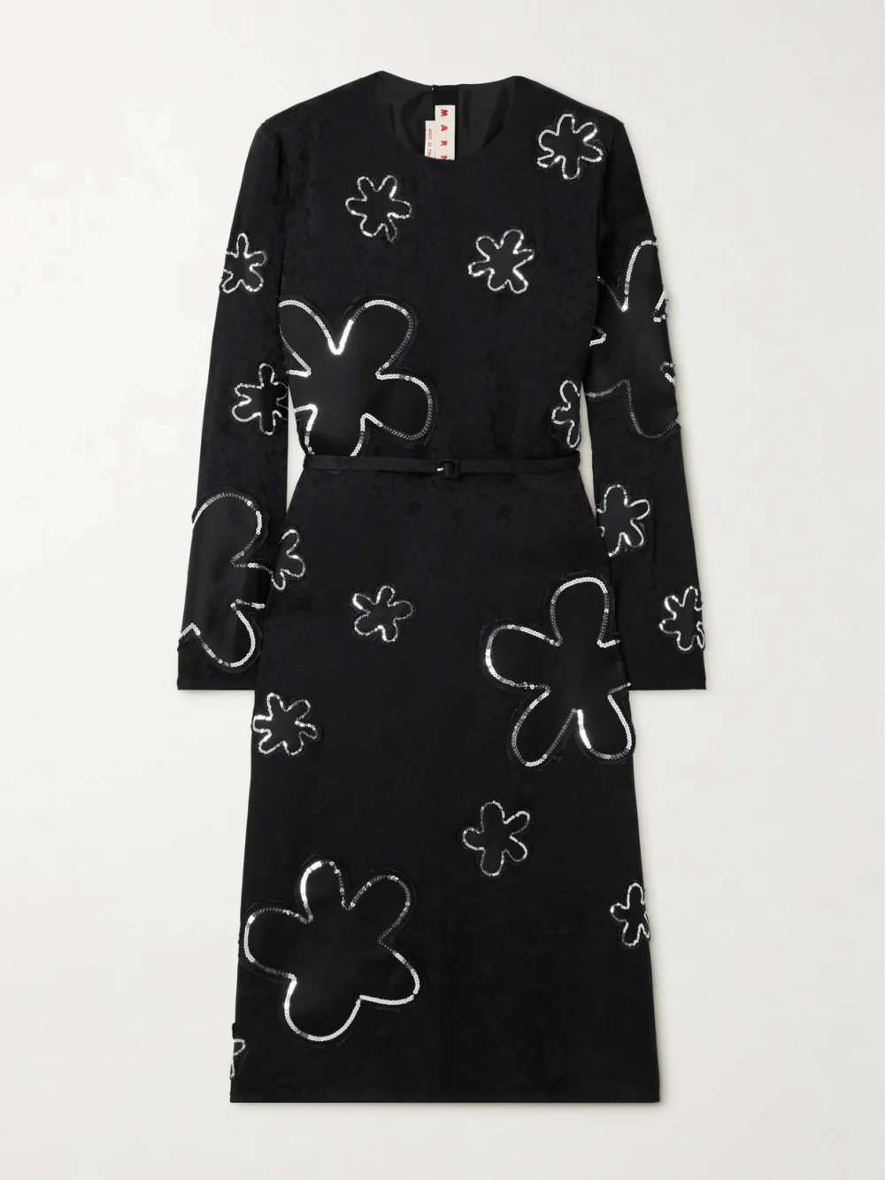 Marni Belted Sequin-embellished Floral Satin-jacquard Midi Dress in black