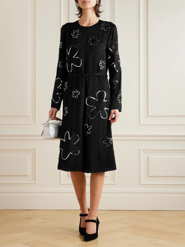 Marni Belted Sequin-embellished Floral Satin-jacquard Midi Dress