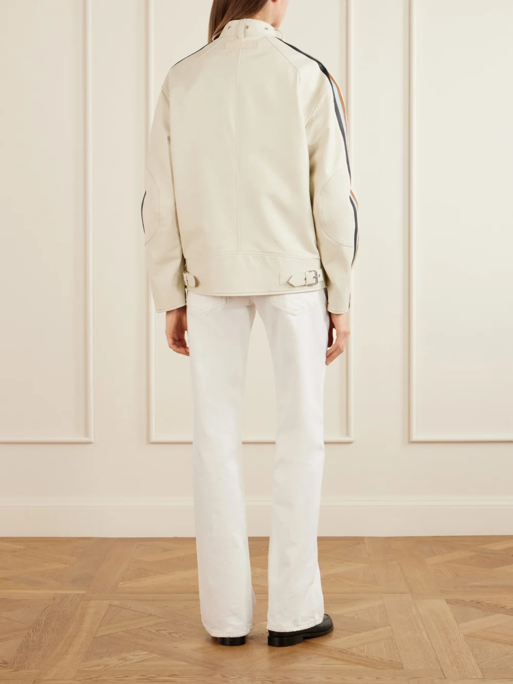 Back view of the Marni Belted Striped Leather Jacket