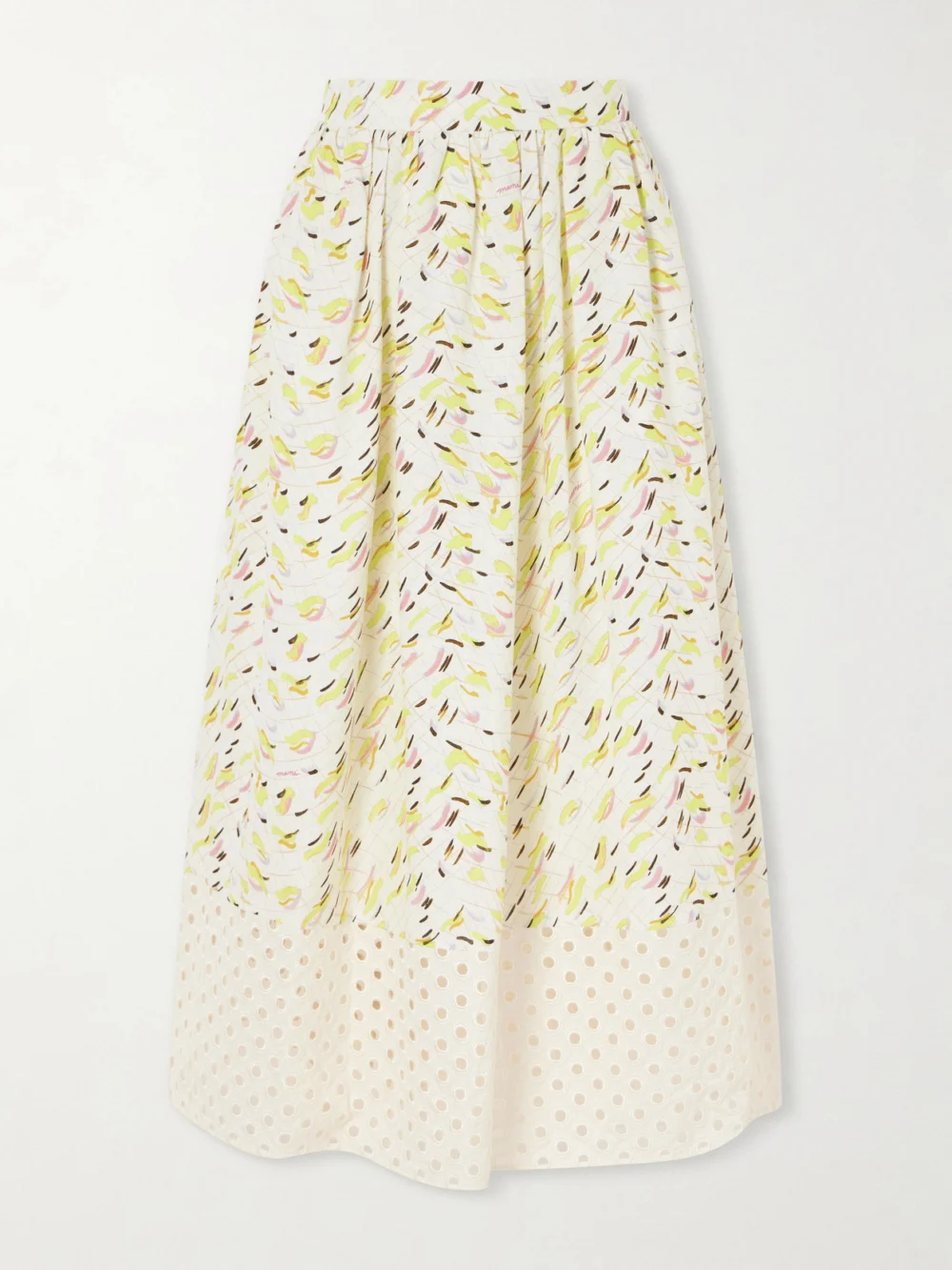 Marni Broderie Anglaise-trimmed Printed Linen Midi Skirt in yellow