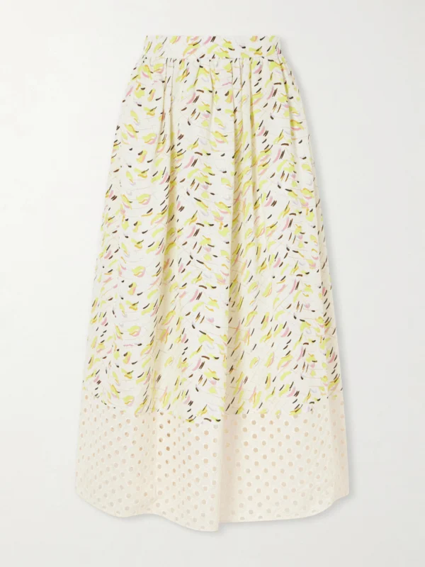 Marni Broderie Anglaise-trimmed Printed Linen Midi Skirt