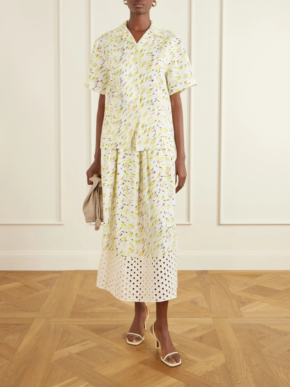 Marni Broderie Anglaise-trimmed Printed Linen Midi Skirt, worn by a model