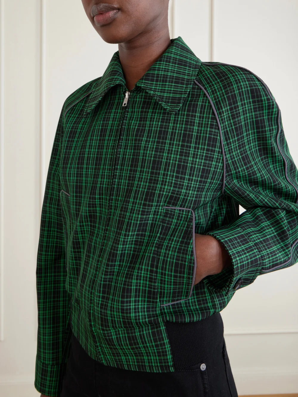 Close-up detail of the Marni Cropped Checked Wool and Cotton-blend Twill Jacket