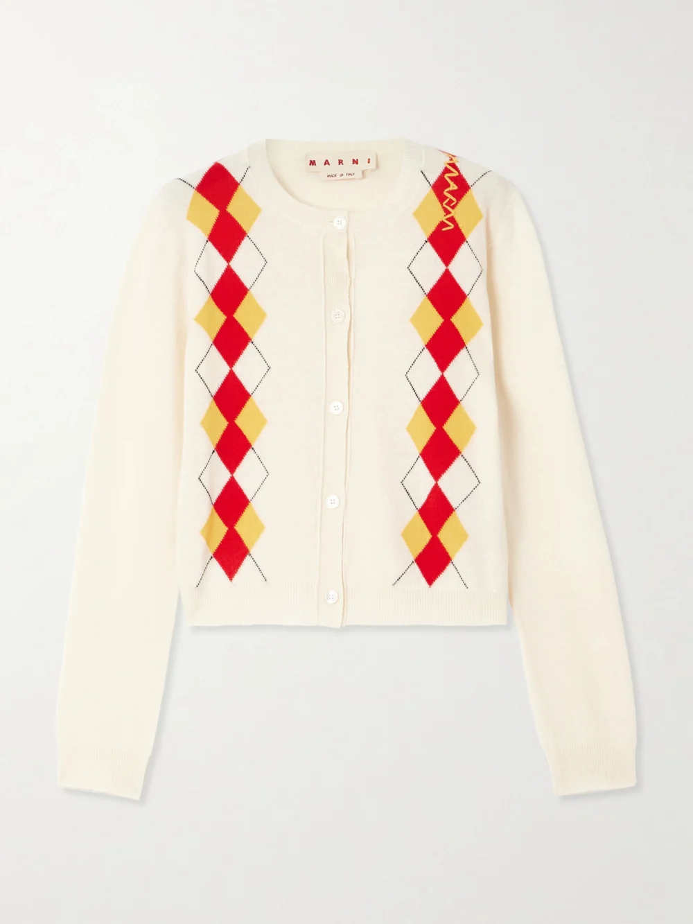 Marni Cropped Embroidered Argyle Wool Cardigan in cream