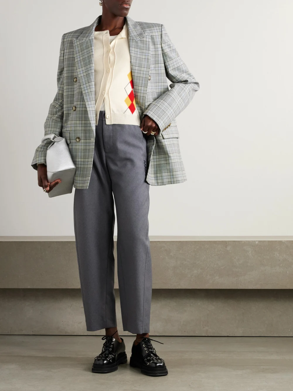 Marni Cropped Embroidered Argyle Wool Cardigan, worn by a model