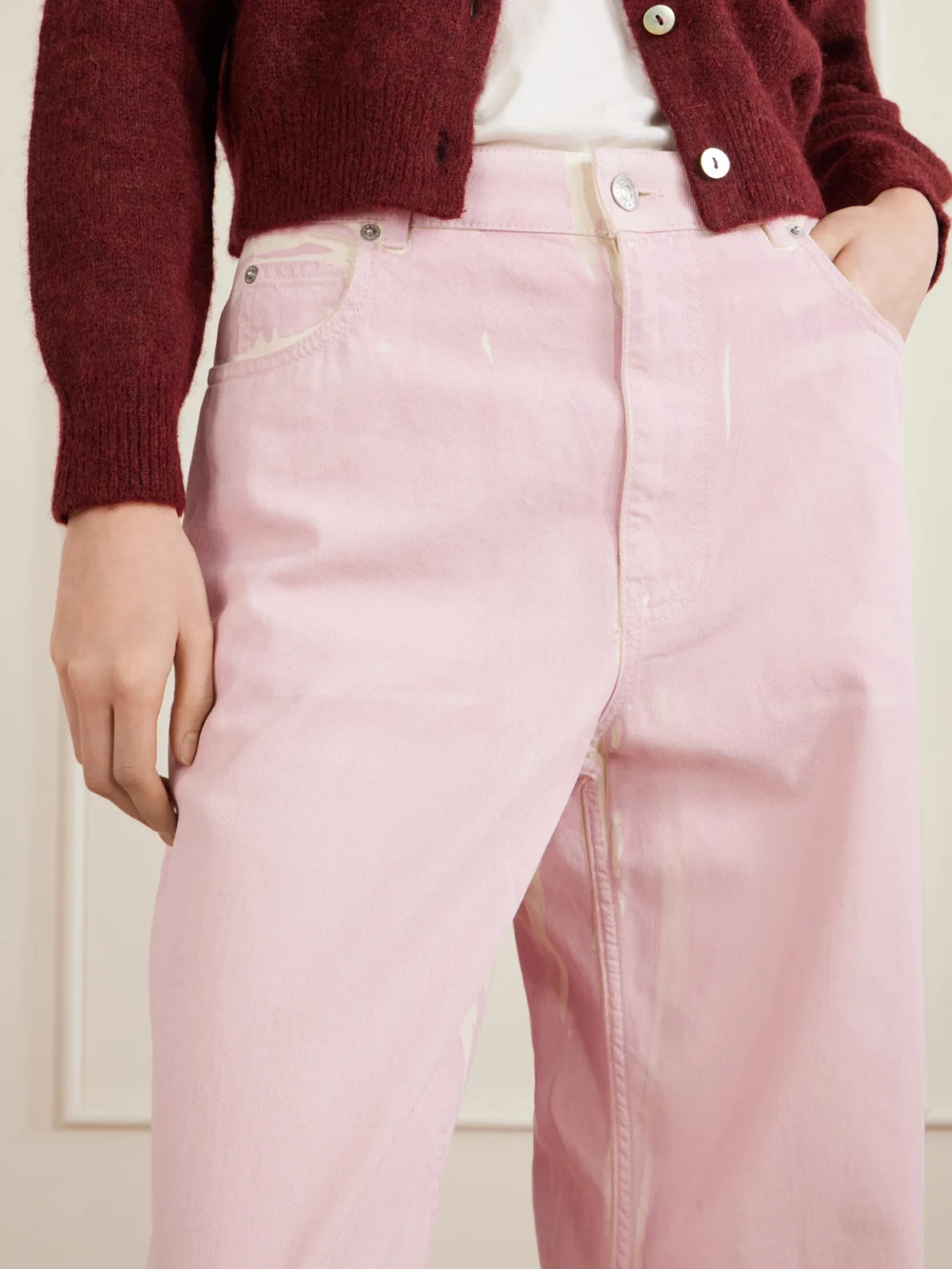 Close-up detail of the Marni Distressed High-rise Wide-leg Denim Jeans