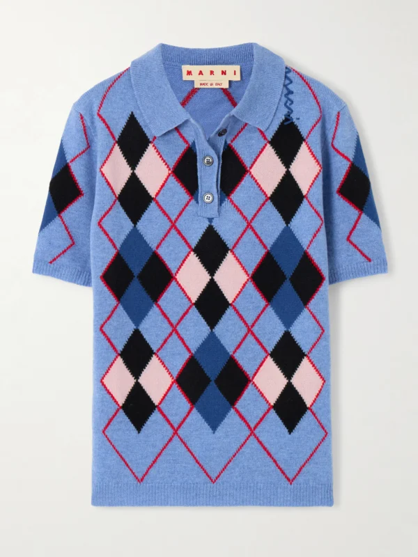 Marni Embroidered Argyle Wool Polo Shirt