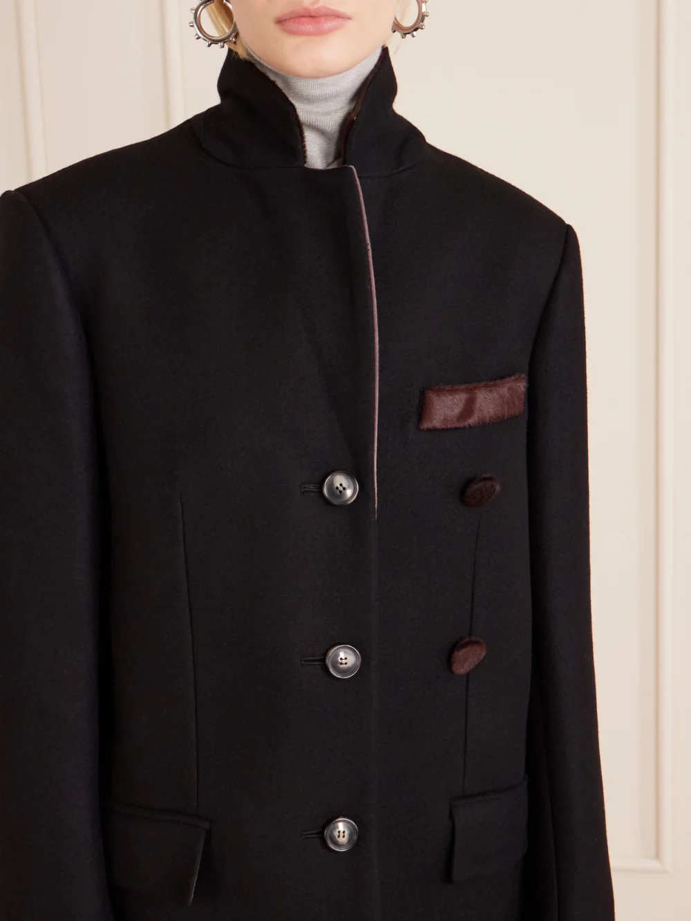 Close-up detail of the Marni Embroidered Calf Hair and Suede-trimmed Wool Coat