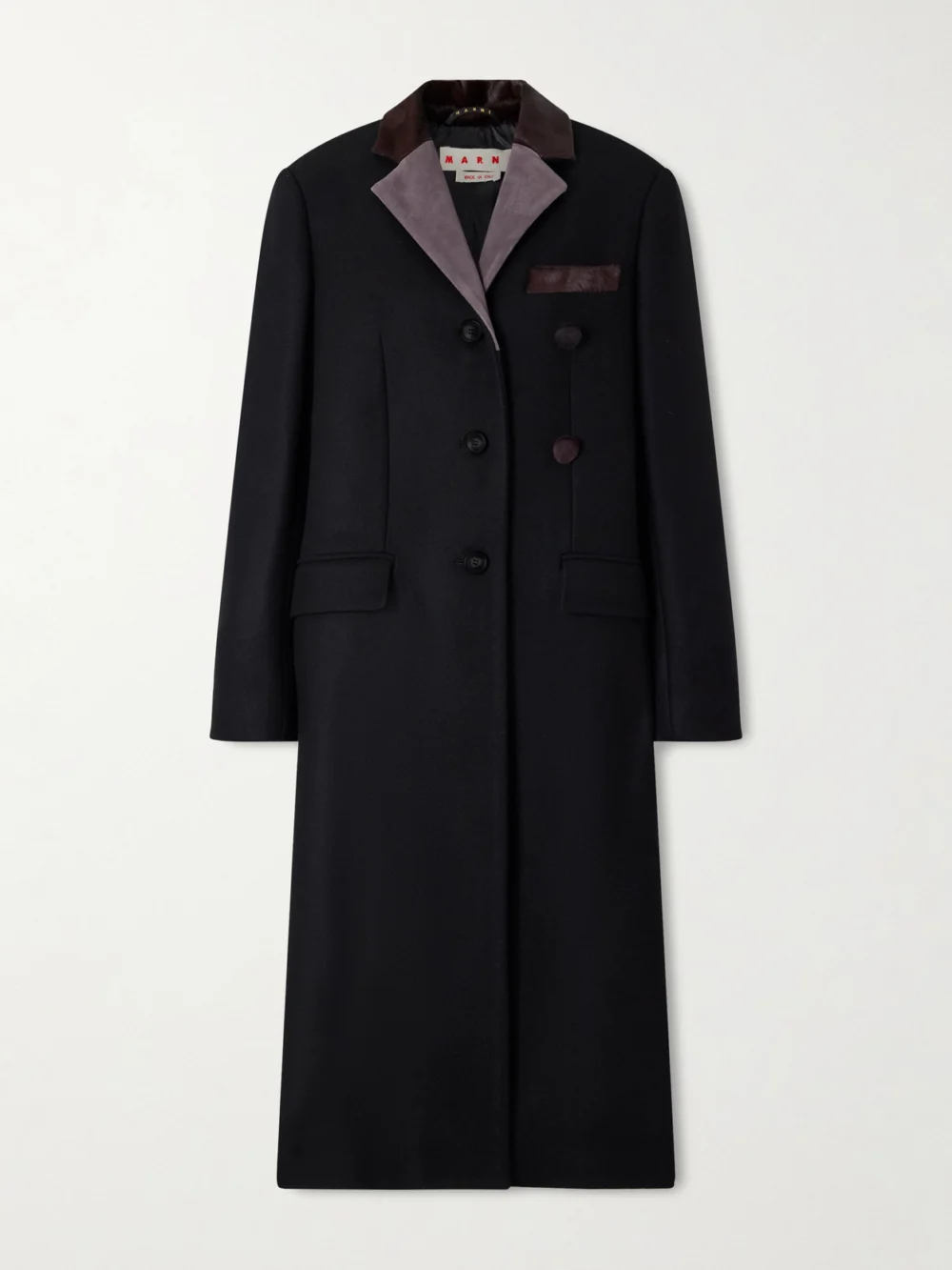 Marni Embroidered Calf Hair and Suede-trimmed Wool Coat in black