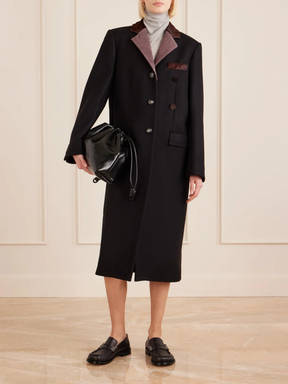 Marni Embroidered Calf Hair and Suede-trimmed Wool Coat, worn by a model