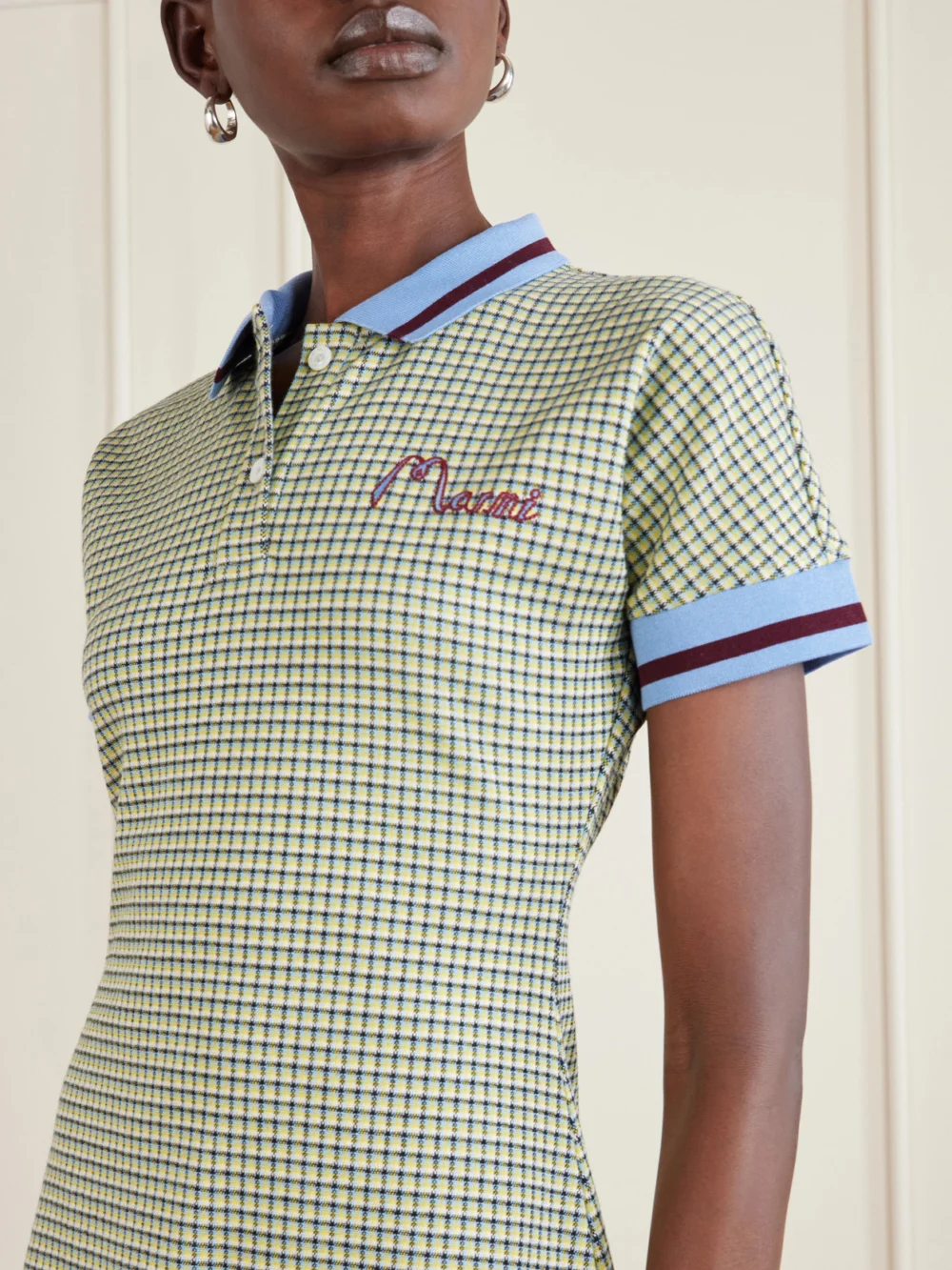 Close-up detail of the Marni Embroidered Checked Knitted Mini Dress
