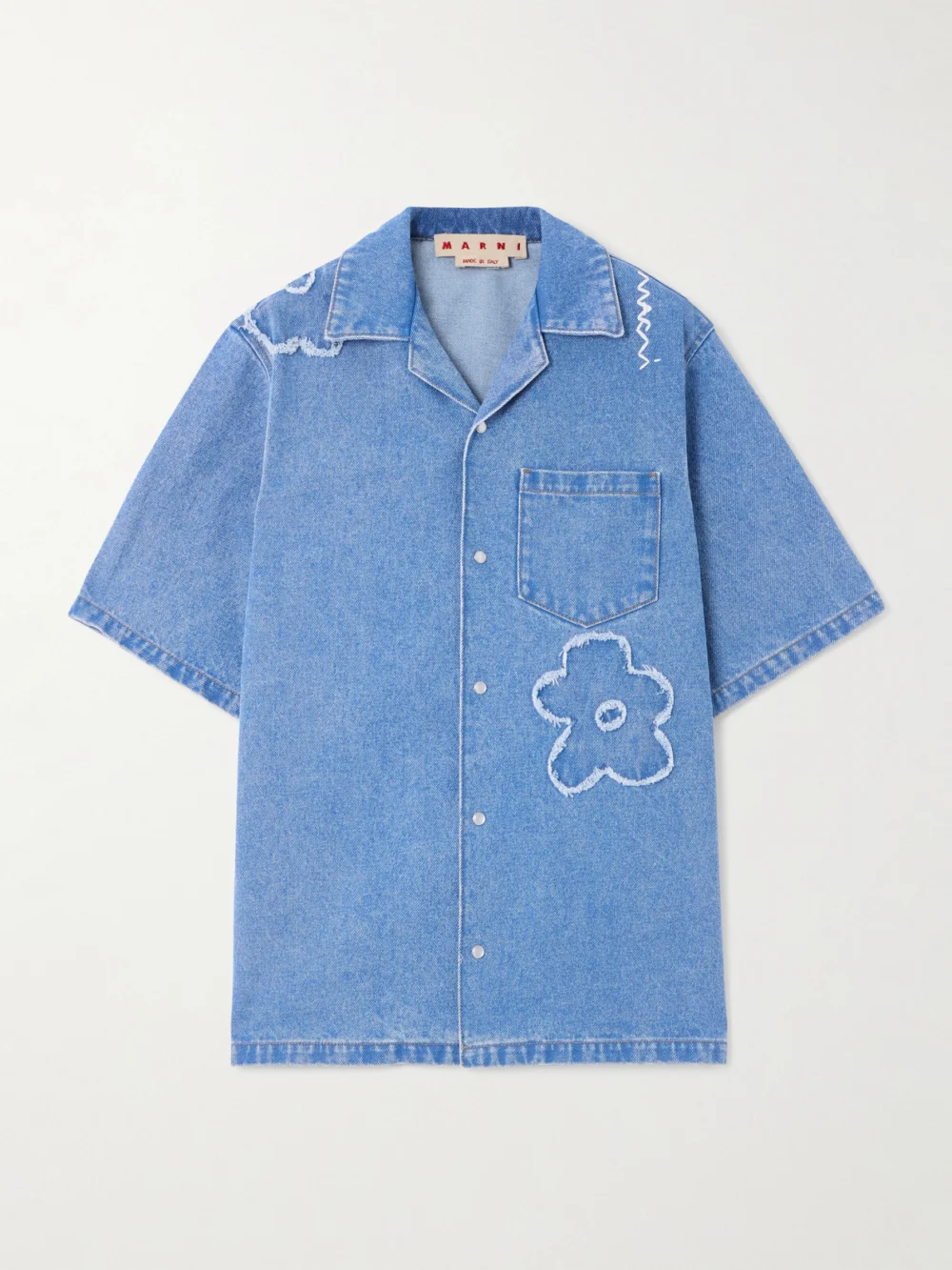 Marni Embroidered Frayed Denim Shirt in blue