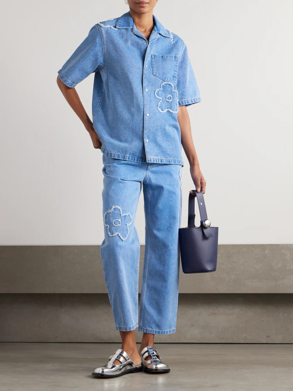 Marni Embroidered Frayed Denim Shirt, worn by a model