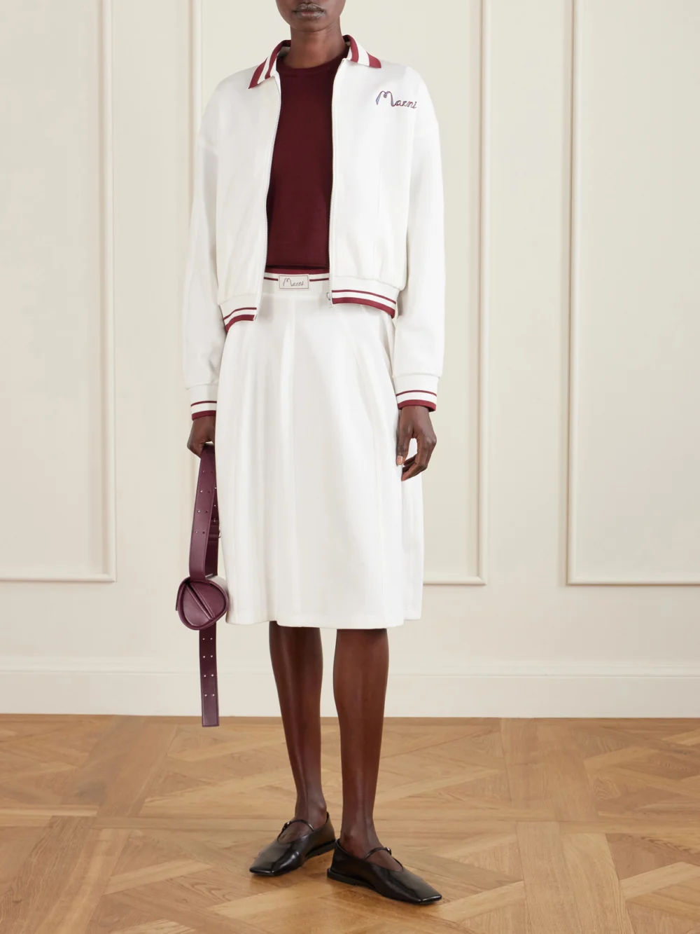 Marni Embroidered Striped Cotton-blend Jacket, worn by a model