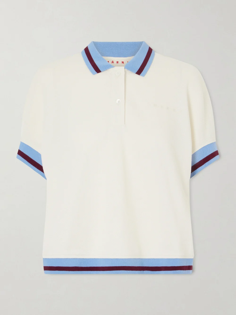 Marni Embroidered Striped Cotton-piqué Polo Shirt in off-white