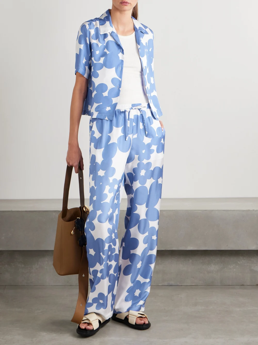 Marni Floral-print Silk-satin Twill Straight-leg Pants, worn by a model