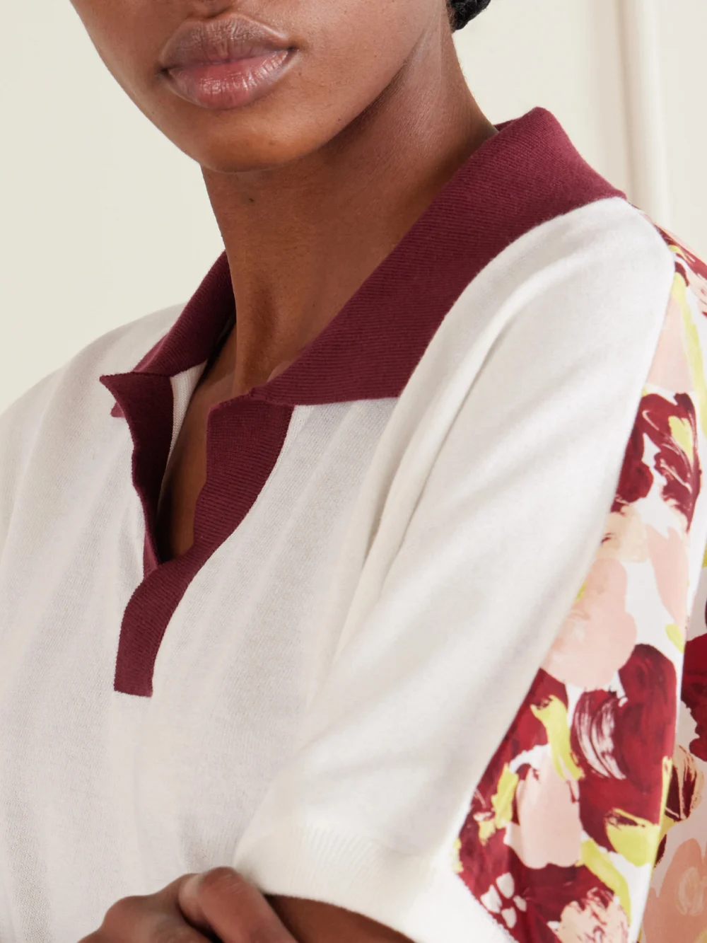 Close-up detail of the Marni Floral-printed Silk and Cotton-blend Polo Sweater