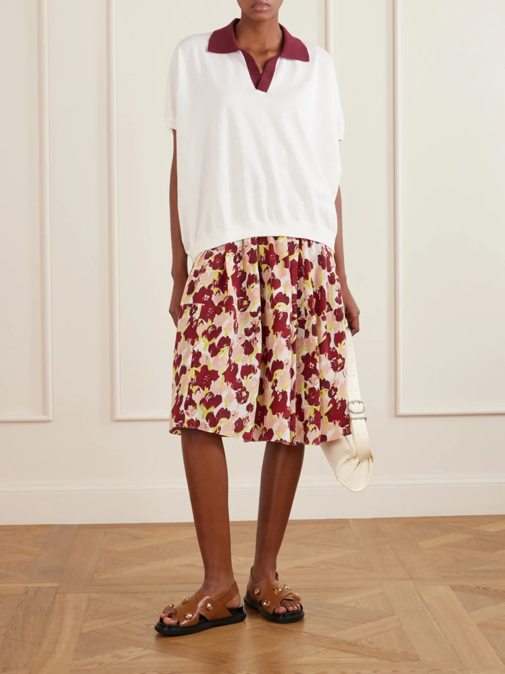 Marni Floral-printed Silk and Cotton-blend Polo Sweater, worn by a model