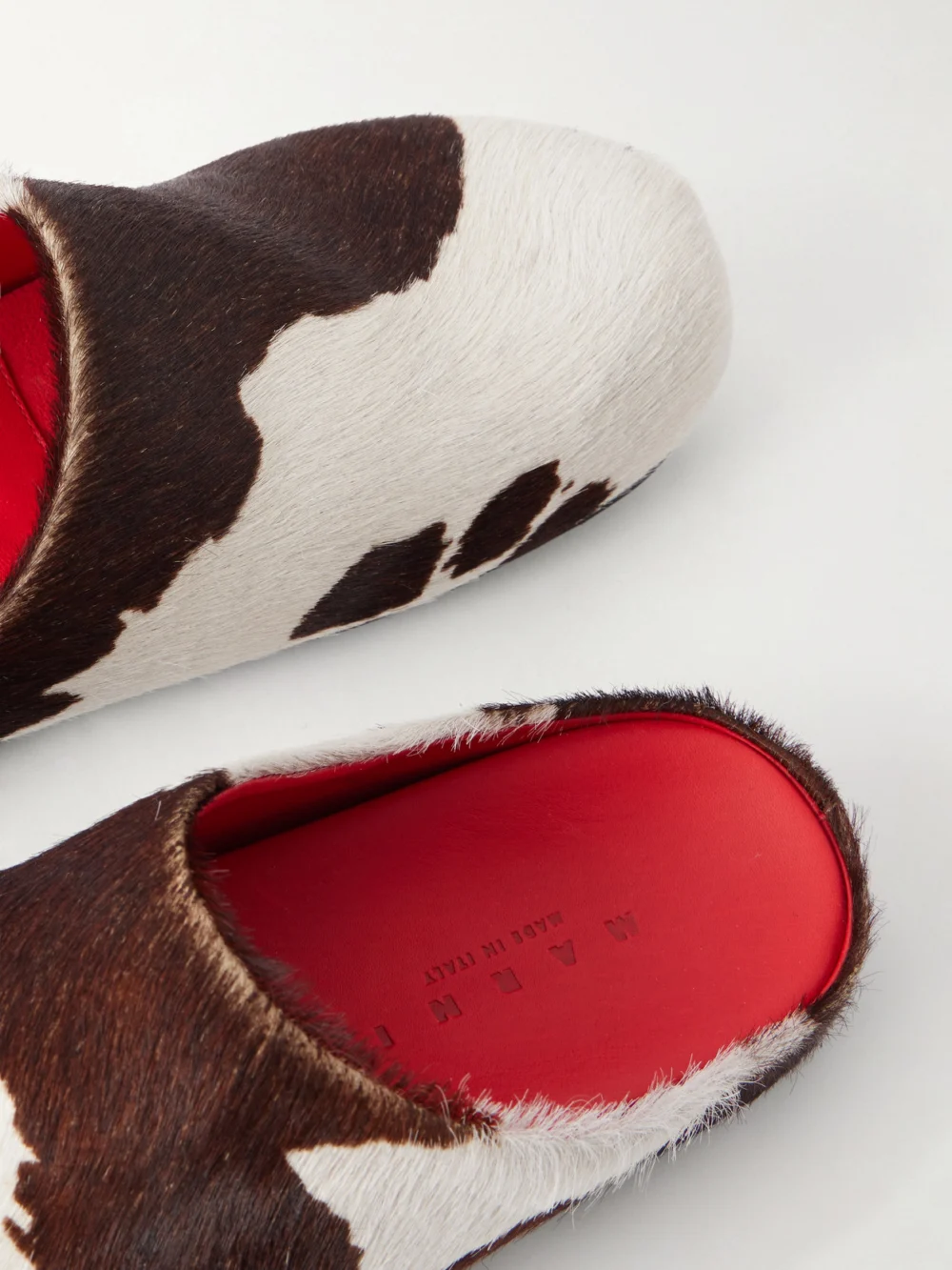 Close-up detail of the Marni Fussbett Calf Hair Clogs