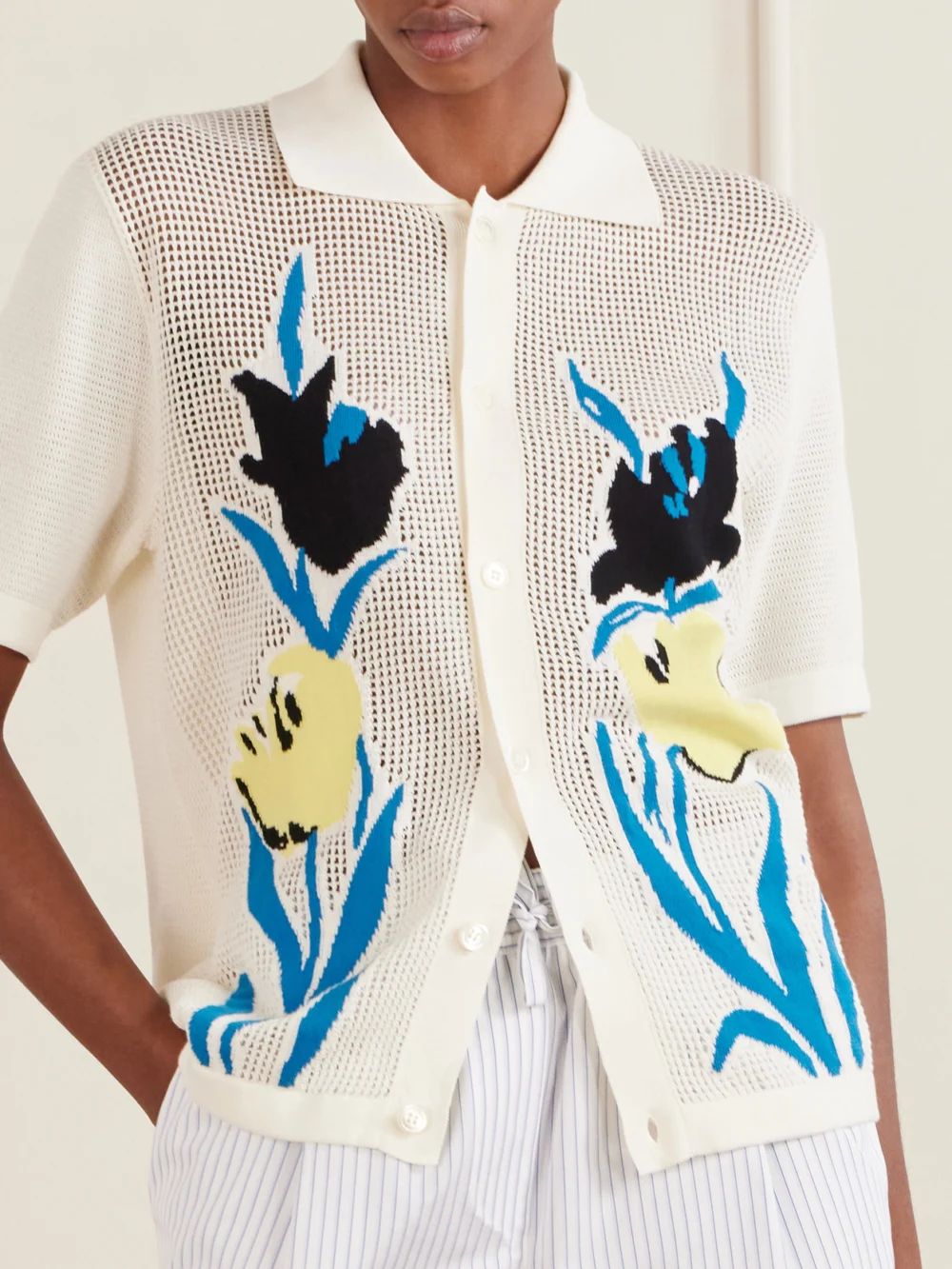 Close-up detail of the Marni Intarsia Open-knit Cotton Polo Shirt