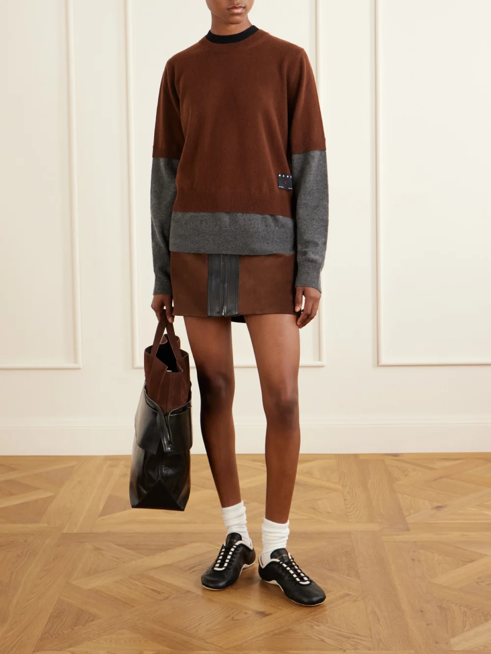 Marni Leather-trimmed Suede Mini Skirt, worn by a model