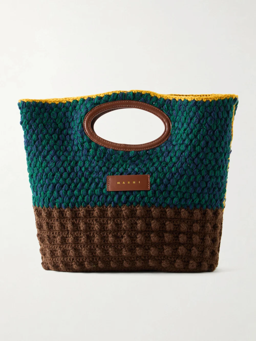 Marni Logo-appliquéd Leather-trimmed Knitted Wool Clutch in green