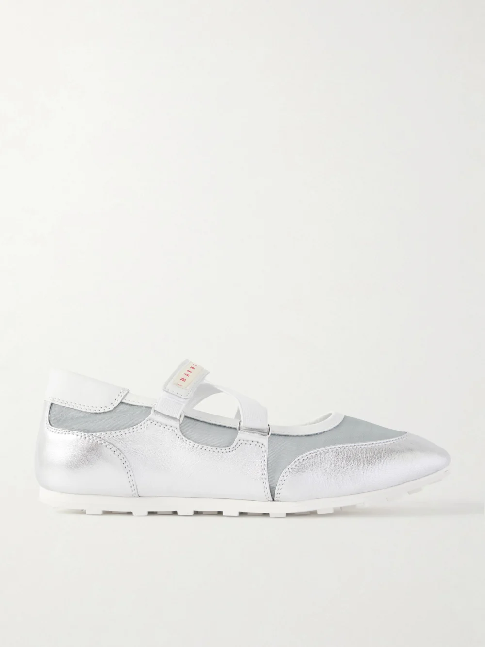 Marni Metallic Leather-trimmed Mesh Sneakers in silver