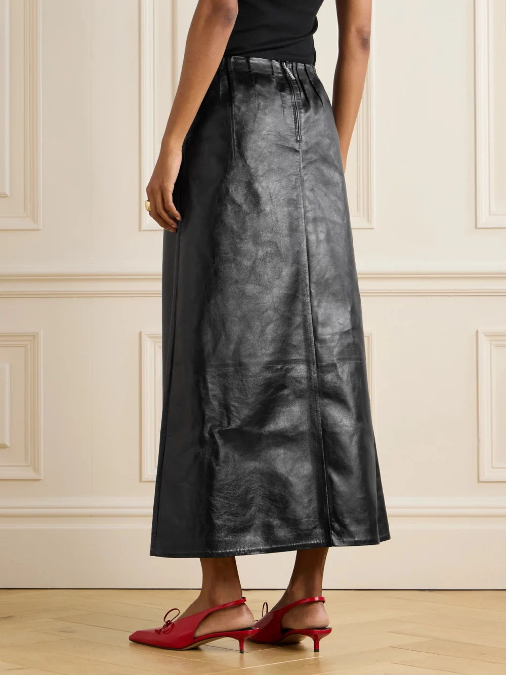 Back view of the Marni Paneled Crinkled-leather Midi Skirt