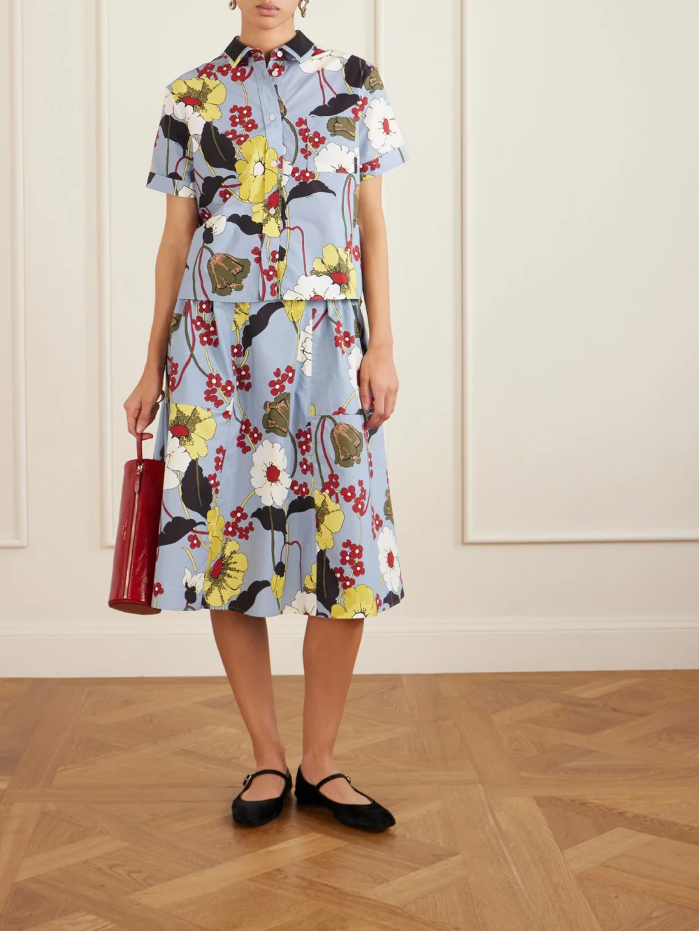 Marni Paneled Floral-print Cotton-poplin Midi Skirt, worn by a model