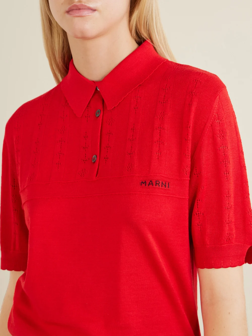 Close-up detail of the Marni Patterned Wool and Silk-blend Knitted Polo Shirt