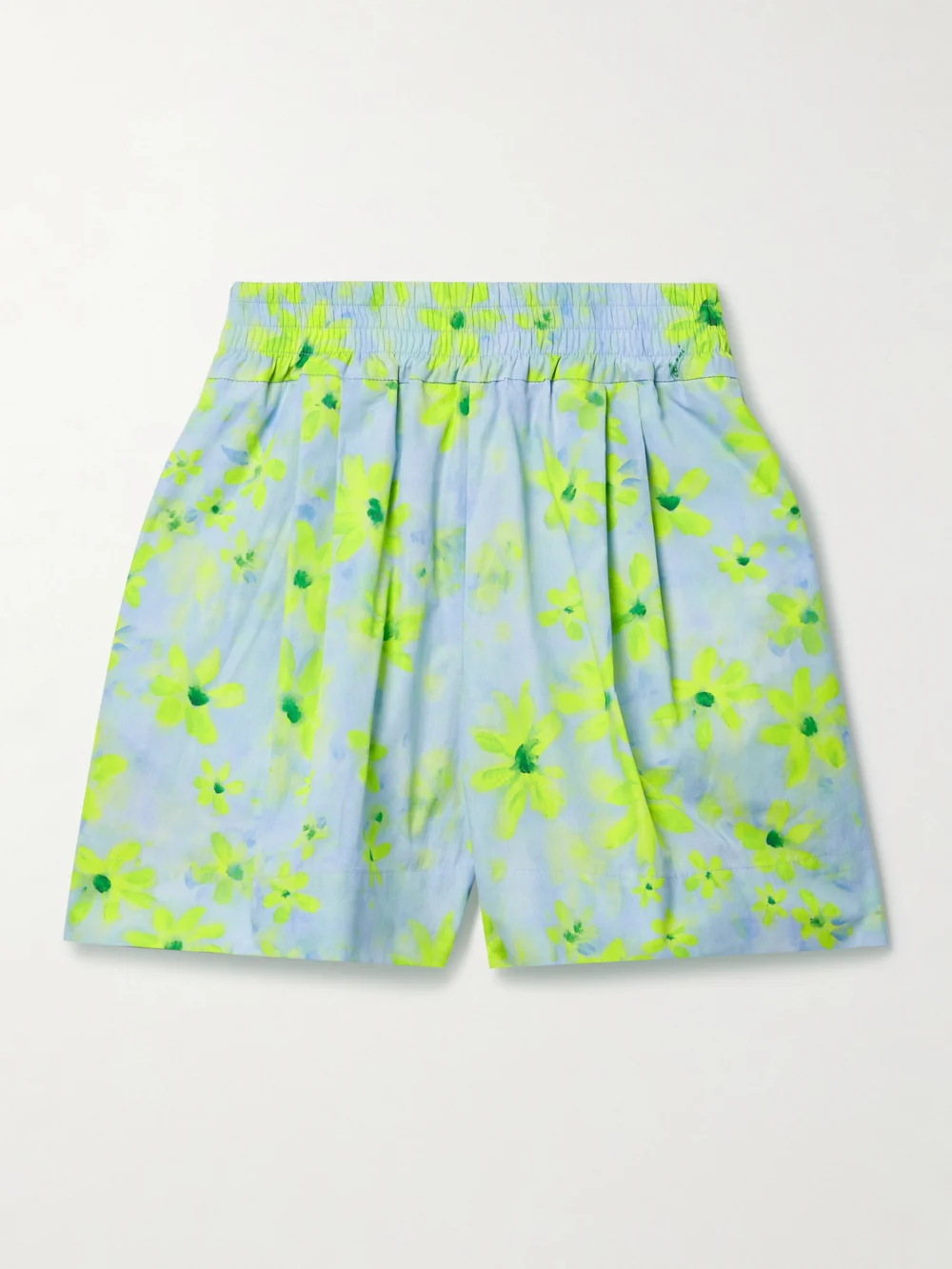 Marni Pleated Floral-print Cotton-poplin Shorts in blue