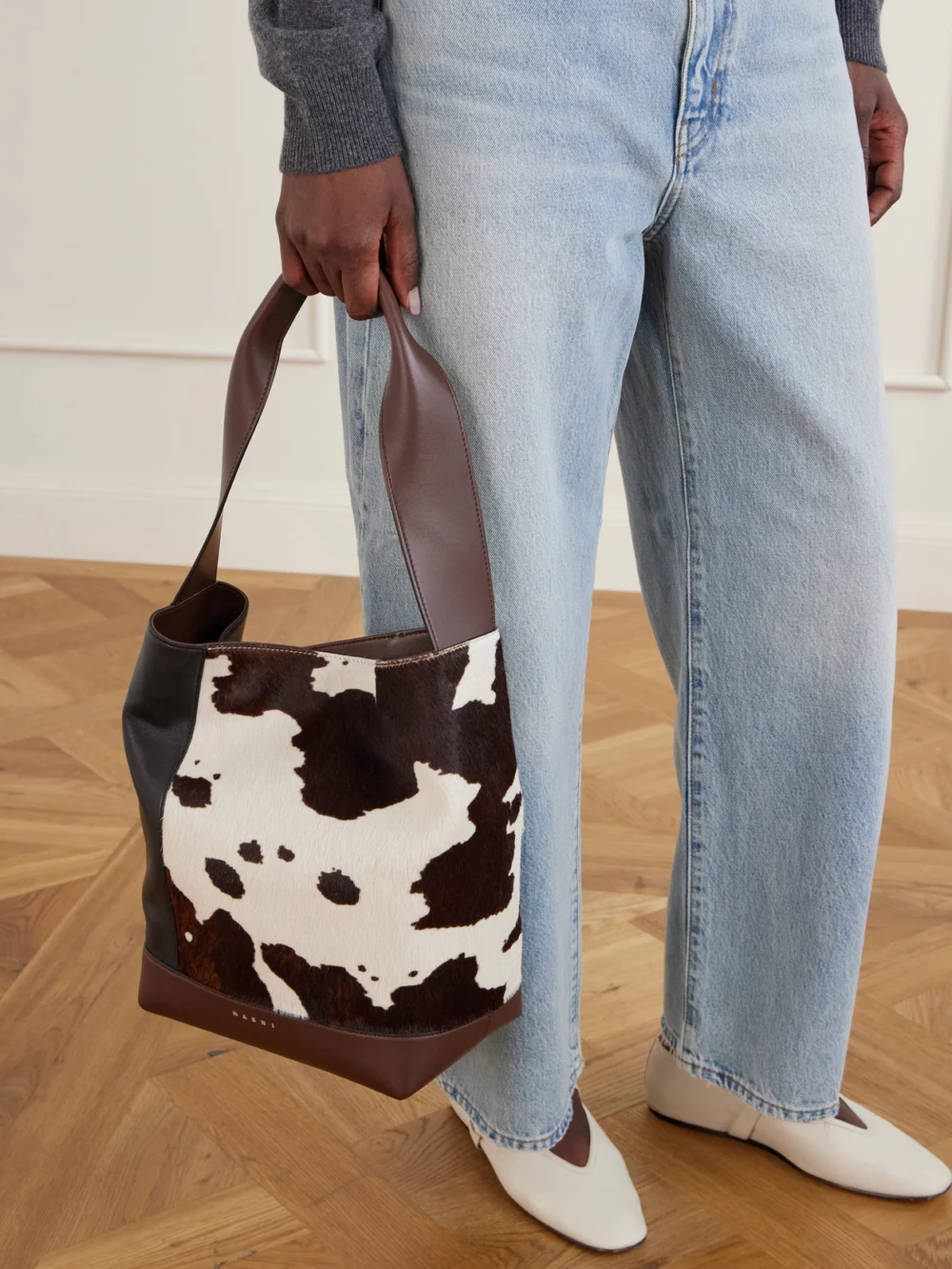 Marni Pod Leather-trimmed Cow-print Calf-hair Tote, styled view