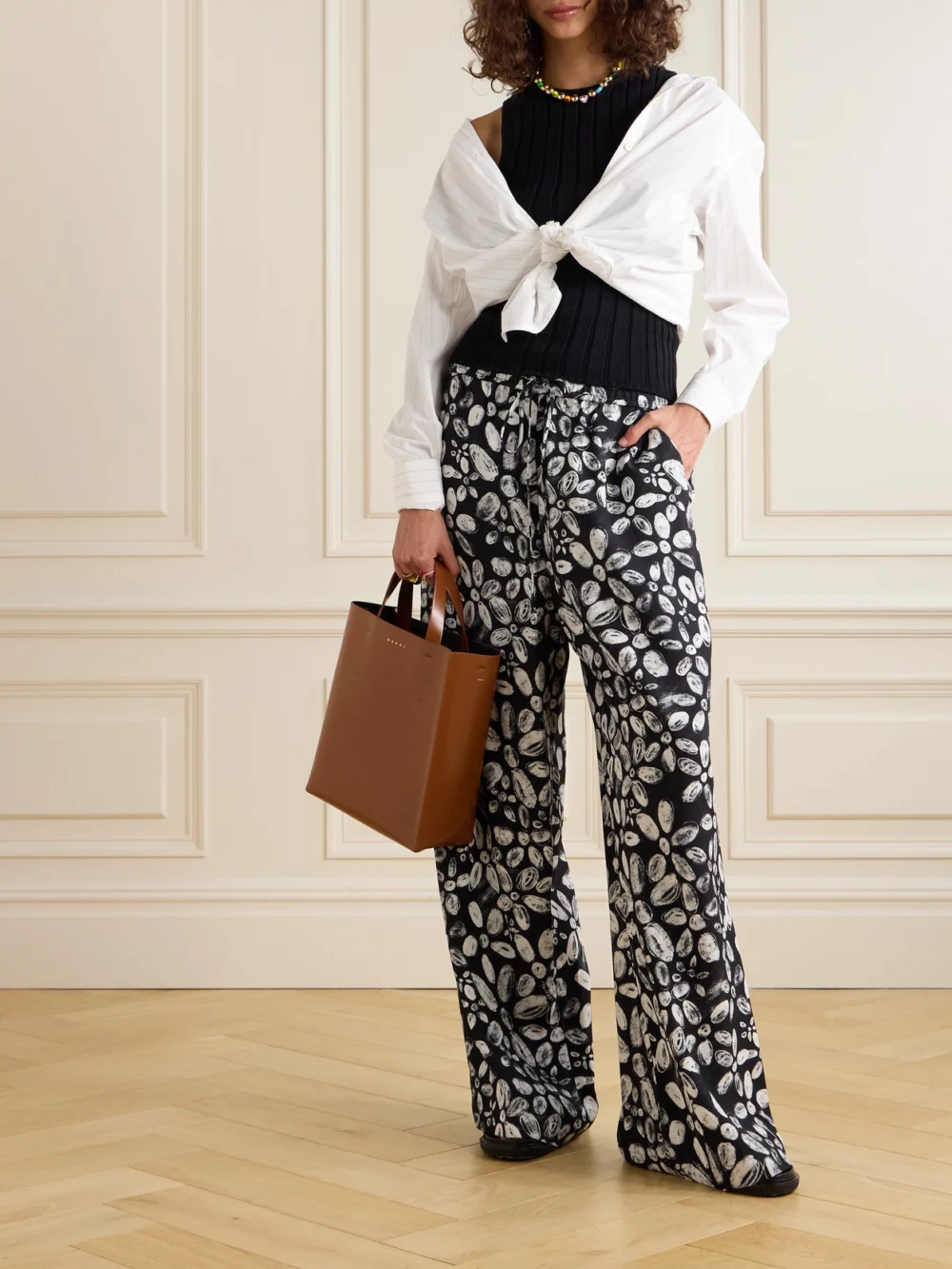 Marni Printed Crepe Straight-leg Pants, worn by a model