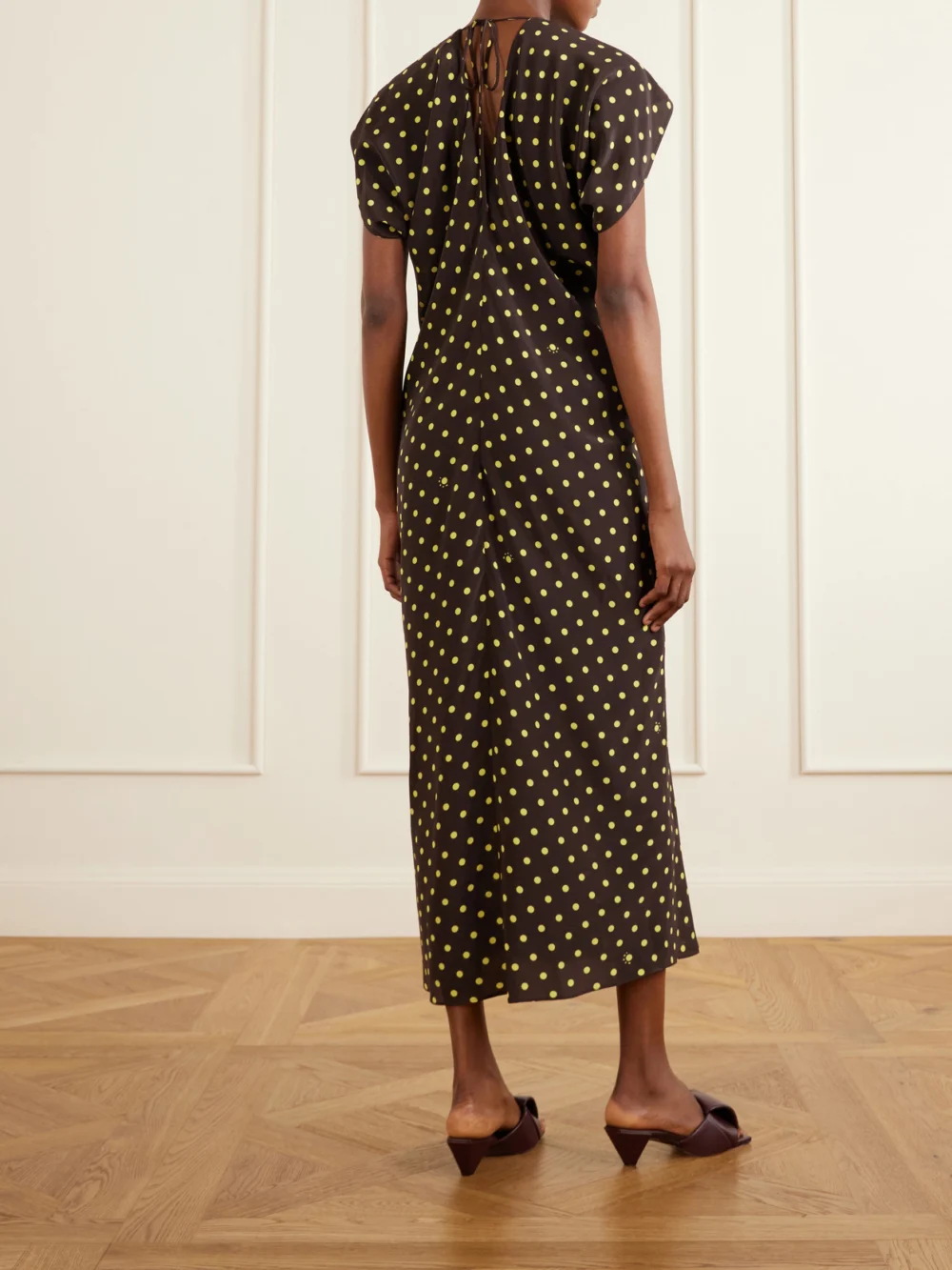 Back view of the Marni Ruched Polka-dot Silk-blend Midi Dress