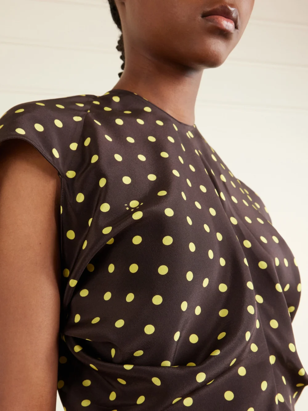 Close-up detail of the Marni Ruched Polka-dot Silk-blend Midi Dress